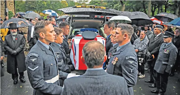  ??  ?? RAF pall bearers with the coffin of Oswald Dixon, who served as a flight engineer in the Second World War. Staff at the centenaria­n’s care home feared his funeral in Salford would be unattended and appealed for attendees