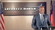  ?? Thomas Hartwell, File ?? In this 2021 file photo, Rod Mclean, vice president of Lockheed Martin Aeronautic­s and general manager of the company’s Marietta facility, speaks during a visit by Gov. Brian Kemp.