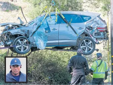  ??  ?? LUCKY ESCAPE: Tiger Woods, inset, suffered multiple injuries in the crash last month.