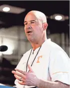  ?? SENTINEL ?? Tennessee Head Coach Jeremy Pruitt speaks during a press conference at the Roy &amp; Lucy Hand Digital Studio in Knoxville, Tennessee on Thursday, August 9, 2018. CALVIN MATTHEIS/NEWS