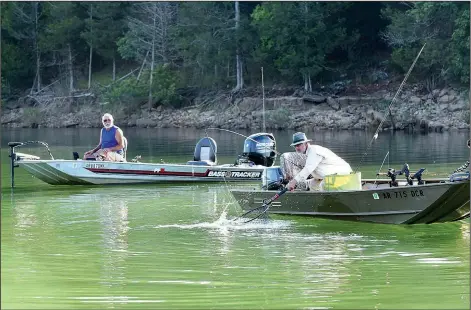  ?? NWA Democrat-Gazette/FLIP PUTTHOFF ?? Bruce Darr brings a hybrid striper to the net while trolling in a creek arm of Beaver Lake. Trolling may result in a mixed-species catch, including hybrid stripers. Carey Williams looks on at left.