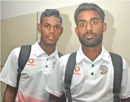  ?? Photo: Waisea Nasokia ?? Vodafone Fijian football reps Kishan Sami(left) and Junior Narendra Rao arrive at Nadi Internatio­nal Airport on March 26, 2018.