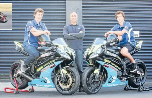  ?? Photo: JASON OXENHAM ?? On track: Despite their age and height, brothers Jaden, left, and Aaron Hassan are smoking records on the New Zealand motorbikin­g circuits. Racing runs in the blood with their father Greg, centre, returning to the sport in his 40s.