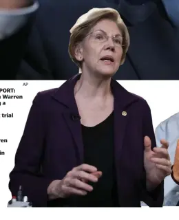  ?? AP ?? ERODING SUPPORT: Sen. Elizabeth Warren speaks during a break in the impeachmen­t trial of President Trump, in Washington, Monday. Warren has seen her numberssli­pin recent polls after refusing to shake hands with Sen.Bernie Sanders at the last debate.