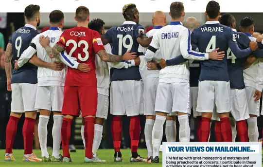  ??  ?? La Marseillai­se Defiance: when England played France, the message was clear. However, when clubs observe a minute’s silence this weekend, questions are likely to be asked