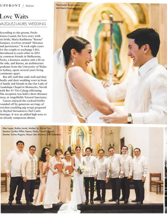  ??  ?? Newlywed, Paolo Laurel and Keena Vazquez
Alex Lopez, Bobby Laurel, Andrea Sy, Myrna Yao, Senator Cynthia Villlar, Keena, Paolo, Chavit Singson, Senator Sonny Angara, Mayor Isko Moreno, Jose Soberano