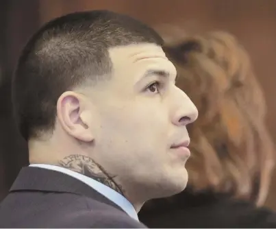  ?? AP FILE PHOTO ?? CASE CLOSED: Former New England Patriots tight end Aaron Hernandez watches as defense attorney Ronald Sullivan argues a motion in court in March 2017.