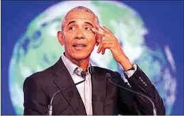  ?? JANE BARLOW / PA VIA AP ?? Former U.S. President Barack Obama gestures as he speaks during the COP26 U.N. Climate Summit in Glasgow, Scotland on Monday.