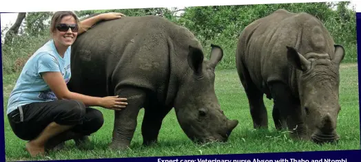  ??  ?? Expert care: Veterinary nurse Alyson with Thabo and Ntombi