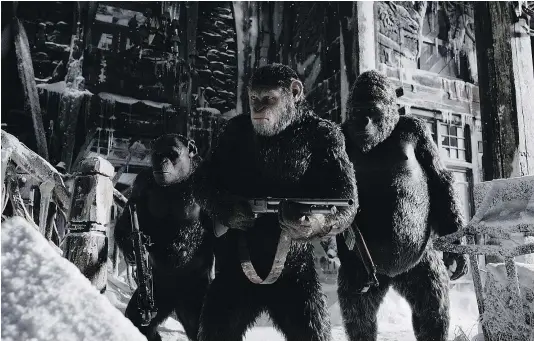  ?? — 20TH CENTURY FOX ?? Andy Serkis voices Caesar, centre, as the battle with humans comes to a head in War for the Planet of the Apes.