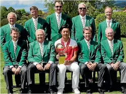  ?? MARTY MELVILLE/PHOTOSPORT ?? With Masters Tournament chairman Fred Ridley seated to his left, China’s Yuxin Lin is officially welcomed by Augusta National members for his dream ticket into next year’s tournament.