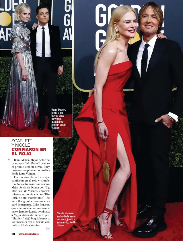  ??  ?? Rami Malek, junto a su novia, Lucy Boynton, guapísima con un Louis Vuitton.
Nicole Kidman, enfundada en un Versace, junto a su marido, Keith Urban.