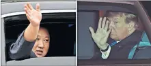  ?? [ASSOCIATED PRESS PHOTOS] ?? In this combinatio­n of images, North Korean leader Kim Jong Un, left, waves from a car after arriving by train in Dong Dang, Vietnam, and U.S. President Donald Trump waves from his car after arriving on Air Force One at Noi Bai Internatio­nal Airport on Tuesday in Hanoi, Vietnam.