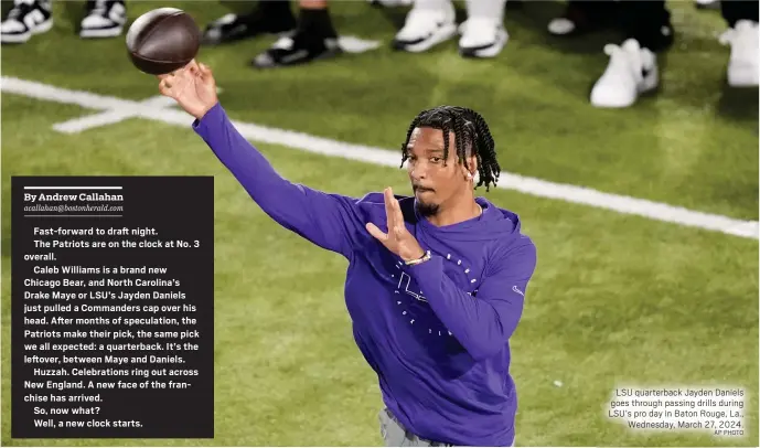  ?? AP PHOTO ?? LSU quarterbac­k Jayden Daniels goes through passing drills during LSU’s pro day in Baton Rouge, La., Wednesday, March 27, 2024.