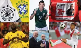  ?? AFP/Getty; Fifa via Getty; EPA; Reuters ?? Clockwise from top left: a Germany v Brazil final? Hirving Lozano and Harry Kane to star? Paolo Guerrero is back; Vladimir Putin and Gianni Infantino are everywhere; and Romelu Lukaku. Composite: