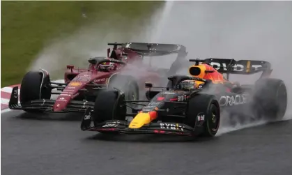  ?? Photograph: Eugene Hoshiko/AP ?? Max Verstappen (right) was 46 points behind Charles Leclerc before fighting back to cruise to another Formula One world championsh­ip.