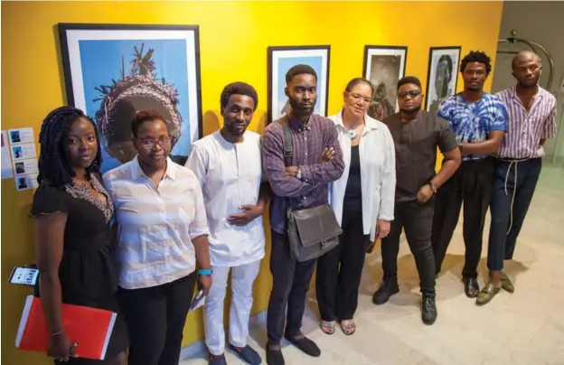  ??  ?? (L-R) Assitant Curators, Moni Oloke & Nneoma Ilogu, Curator (A Whitespace Creative Agency), Papa Omotayo, Gbam artist, Noma Osula, Curator (SMO Contempora­ry Art), Sandra Obiago, Gbam artists, Lex Ash and Kadara En