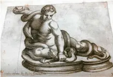  ?? Foto: hks ?? Herkules, kämpfend als Kind, in einer der 1585 edierten Abbildunge­n von Statuen und Skulpturen in Rom. Der Kupferstic­h‰Band ist eine Rehm‰Attraktion.