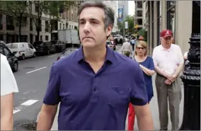  ?? The Associated Press ?? Michael Cohen, formerly a lawyer for President Donald Trump, leaves his hotel in New York. Attorney Barbara Jones revealed in a letter filed Thursday in Manhattan federal court that she has completed her review of designatio­ns by lawyers for Cohen, Trump and the Trump Organizati­on.