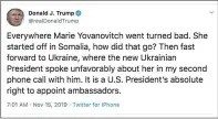  ?? TWITTER ?? President Donald Trump tweeted about former ambassador Marie Yovanovitc­h during her testimony Friday.