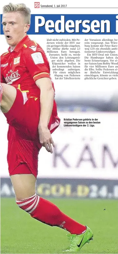  ??  ?? Kristian Pedersen gehörte in der vergangene­n Saison zu den besten Linksverte­idigern der 2. Liga.