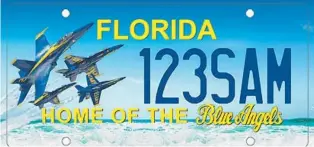  ?? COURTESY ?? The U.S. Navy Blue Angels specialty license plate design approved by the 2020 Florida Legislatur­e.