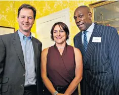  ??  ?? Advocates: Sue Baker with Nick Clegg, left, and Frank Bruno on World Mental Health Day