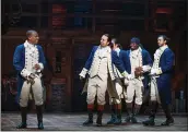  ?? SARA KRULWICH — THE NEW YORK TIMES ?? From left, Leslie Odom Jr., Lin-Manuel Miranda, Anthony Ramos, Okieriete Onaodowan and Daveed Diggs appear in “Hamilton” on Broadway in 2015.