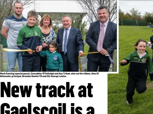  ??  ?? Mark Fanning (special guest), Concubhar Ó’Fathaigh and Aya Tribak, who cut the ribbon, Aine UÍ Ghionnáin, principal, Brendan Howlin TD and Cllr George Lawlor.