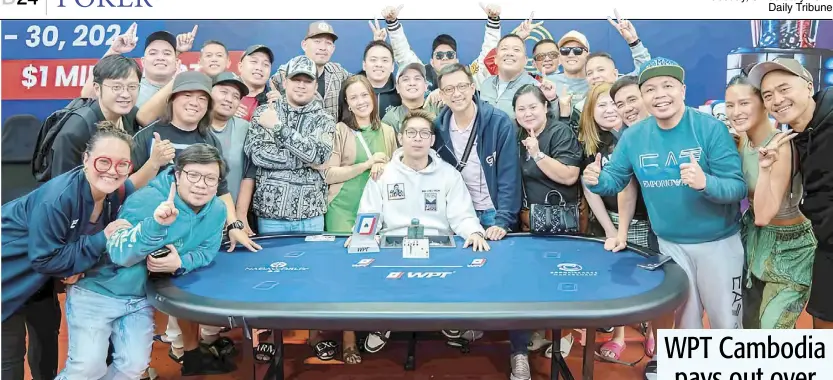  ?? PHOTOGRAPH­S COURTESY OF SOMUCHPOKE­R.COM ?? FILIPINO PRO John ‘Jojo’ Tech is joined by fellow players after winning the Pot Limit Omaha event of World Poker Tour championsh­ip which triggered the rush of six trophies for the Philippine­s in Cambodia last week.