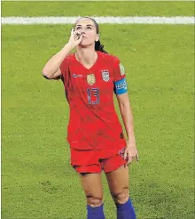  ?? MAJA HITIJ TNS ?? Alex Morgan of the U.S. celebrates after scoring her team’s second goal during the FIFA Women’s World Cup semifinal against England on July 2.