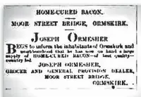  ?? ?? Far left, the Working Men’s Institute, Moor Street where Jospeh Ormisher played to a full house in 1898
Above left and below left, ads on the front page of the Ormskirk Advertiser & Agricultur­al Intelligen­cer published Thursday afternoon September 7 1871, for the
Ormesher brothers shops – Edward’s boot and shoe shop at 4 Moor Street and Joseph’s provision dealers on the Moor Street Bridge.