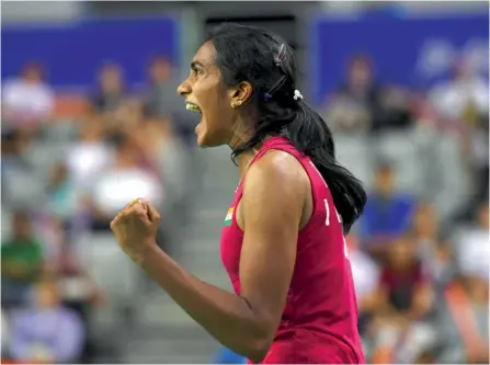  ??  ?? P.V. Sindhu en route to her 22-20, 11-21, 20-18 win over Japan’s Nozomi Okuhara in their Korea Open final in Seoul on Sunday.