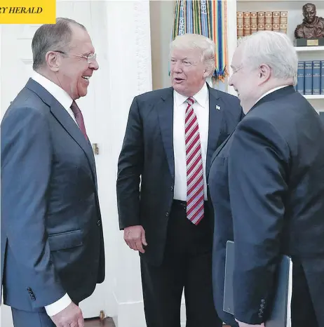  ?? RUSSIAN FOREIGN MINISTRY PHOTO VIA AP ?? U.S. President Donald Trump meets with Russian Foreign Minister Sergey Lavrov, left, and Russian Ambassador to the U.S. Sergei Kislyak on Wednesday., a day after Trump fired the FBI chief who was looking into ties between Trump associates and Russia...