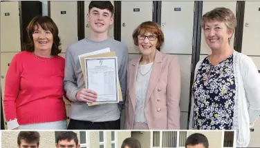  ?? Photo by Sheila Fitzgerald ?? John Walsh who received his Leaving Cert results at Boherbue Comprehens­ive pictured with former Principal Mary O’ Keeffe and his teachers Catherine Stack and Lil Aherne.