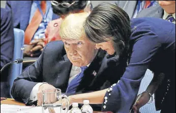  ?? REUTERS ?? Donald Trump and his envoy to the UN, Nikki Haley, during a meeting of the Security Council.