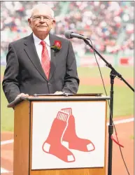  ?? Billie Weiss / Boston Red Sox / Getty Images ?? WEEI broadcaste­r Joe Castiglion­e emcees a pregame ceremony before the Red Sox home opener against the Pirates on April 3, 2017.