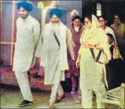  ??  ?? SGPC president Gobind Singh Longowal (centre) after his election in Amritsar; and (right) is seen with his foster father Sant Harchand Singh Longowal in an undated photo.