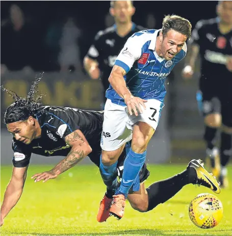  ?? Picture: SNS. ?? Chris Millar leaves Rangers striker Carlos Pena floored in last Friday’s clash at Mcdiarmid Park.