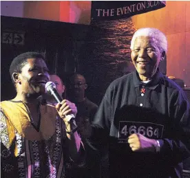  ?? Picture: THOBEKA ZAZI NDABULA ?? MUSIC FOR AN ICON: Joseph Shabalala from Ladysmith Black Mambazo with Nelson Mandela at a 46664 CD launch in Kilimanjar­o, north of Johannesbu­rg.