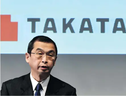  ?? AFP/ GETTY IMAGES FILES ?? Shigehisa Takada, Takata’s chief executive officer, says the company’s US$1-billion settlement is a key milestone in an ongoing process to secure investment­s as it struggles to find a buyer. “Takata deeply regrets the circumstan­ces that have led to...