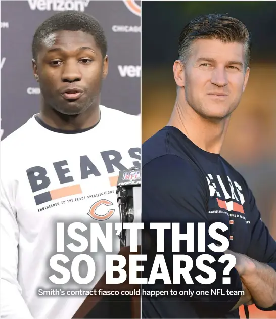  ?? AP (LEFT), BRIAN O’MAHONEY/FOR THE SUN-TIMES ?? Rookie Roquan Smith (left) and GM Ryan Pace are at odds about the Bears’ ability to void guaranteed money for Smith’s on-field behavior.