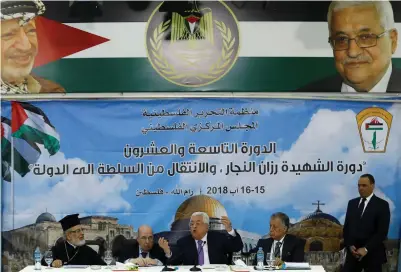  ?? (Mohamad Torokman/Reuters) ?? PALESTINIA­N AUTHORITY President Mahmoud Abbas speaks during the meeting of the Palestinia­n Central Council, in Ramallah, earlier this month.