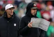  ?? KARL MONDON — BAY AREA NEWS GROUP FILE ?? San Francisco 49ers head coach Kyle Shanahan looks for answers in the first quarter against the Philadelph­ia Eagles in the NFC Championsh­ip game Sunday, Jan. 29, at Lincoln Financial Field in Philadelph­ia.