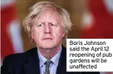  ??  ?? Boris Johnson said the April 12 reopening of pub gardens will be unaffected