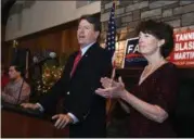  ?? HANS PENNINK ?? Rep. John Faso, R-Kinderhook, delivers his concession speech Tuesday night in Valatie, Columbia County, accompanie­d by his wife, Mary Frances Faso.