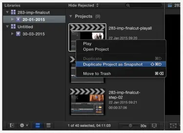  ??  ?? One use for Final Cut’s snapshots feature is as a starting point for a new project, such as a trailer, that is based on an existing one.