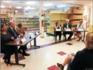  ?? EVAN BRANDT — DIGITAL FIRST MEDIA ?? The panel assembled Monday in Pottstown to discuss the impact of potential cuts to the SNAP program included, from left, Danielle Gadsen; U.S. Sen. Bob Casey; Montgomery County Commission­ers’ Chairwoman Val Arkoosh; Renee Gorski, Patrick Druhan, director of Montco Hunger Solutions; and Barbara Wilhelmy, executive director of the Cluster Outreach Center.