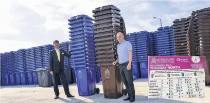  ??  ?? Coun Paul Cox (right) and Coun Miles Parkinson with the bins; an example bins calendar (inset)