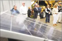  ??  ?? A sample solar panel on display during a tour of United Illuminati­ng’s solar power generation complex in Bridgeport.